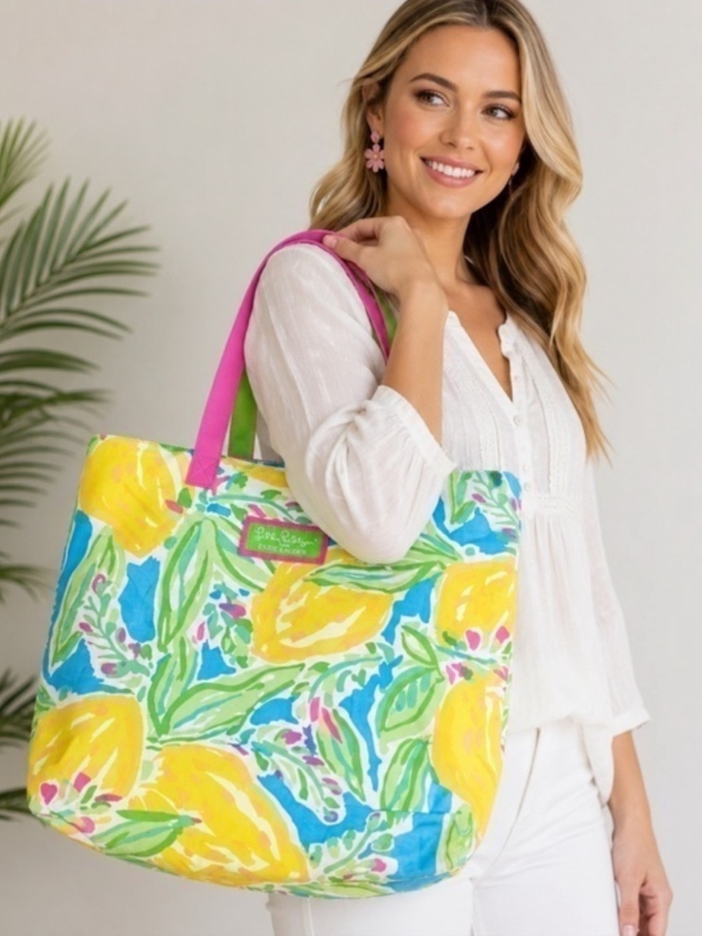Lilly Pulitzer x Estée Lauder Lemon Print Canvas Tote Bag Pink Green Handles